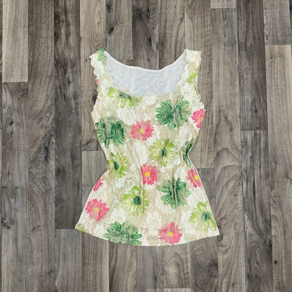 Vintage Y2K Shimmery Floral Lace Tank Top Pink Green Cream S/M